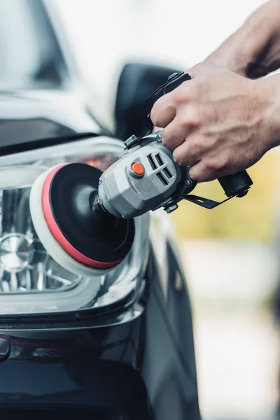 Cropped View Car Cleaner Polishing Rear Lamp Polish Machine — Stock Photo, Image