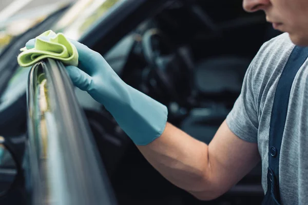 Partial View Car Cleaner Wiping Steering Wheel Rag — Stock Photo, Image