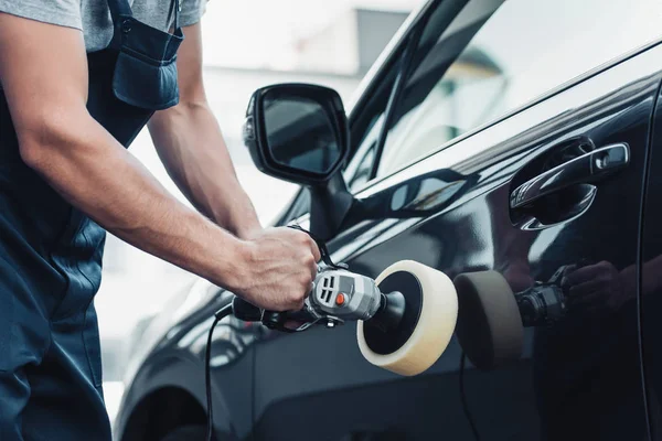 Partiell Bild Bil Renare Polering Bil Dörr Med Buffert Maskin — Stockfoto