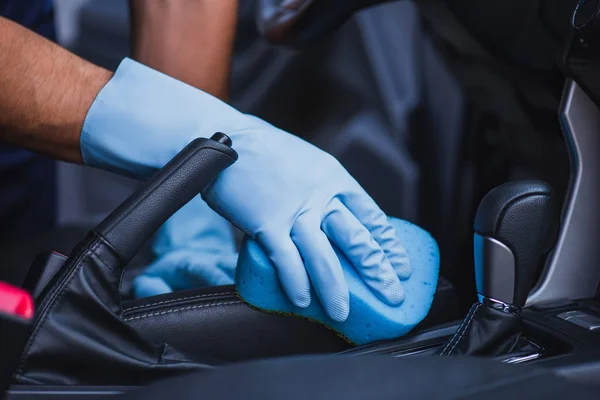Cropped View Car Cleaner Wiping Car Seat Sponge — Stock Photo, Image