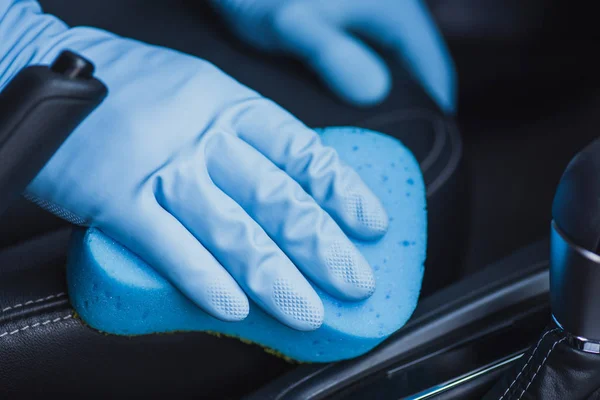 Partial View Car Cleaner Wiping Car Interior Sponge — Stock Photo, Image