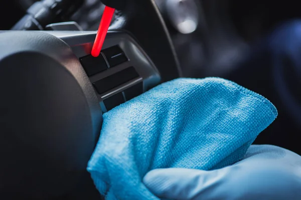 Cropped View Car Cleaner Dusting Ventilation Holes Rubber Air Blower — Stock Photo, Image