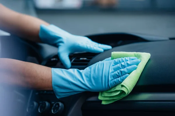 Partial View Car Cleaner Vacuuming Dashboard Rag — Stock Photo, Image
