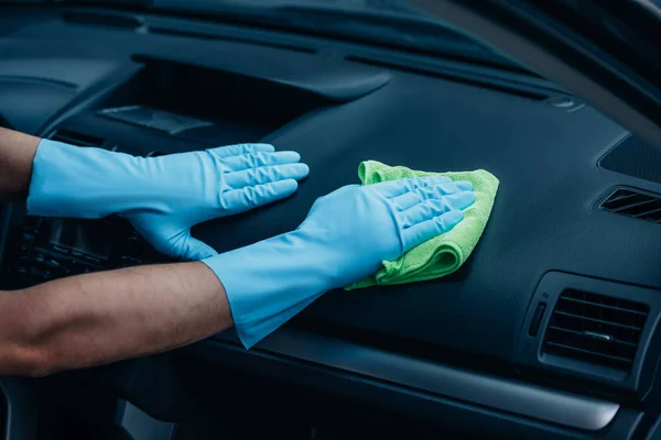 Cropped View Car Cleaner Wiping Dashboard Rag — Stock Photo, Image