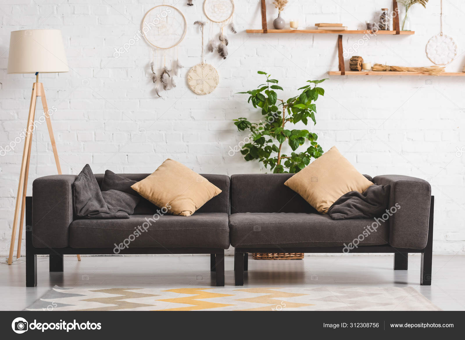 Interior Cozy Living Room Sofa Plant Dream Catchers Brick Wall Stock