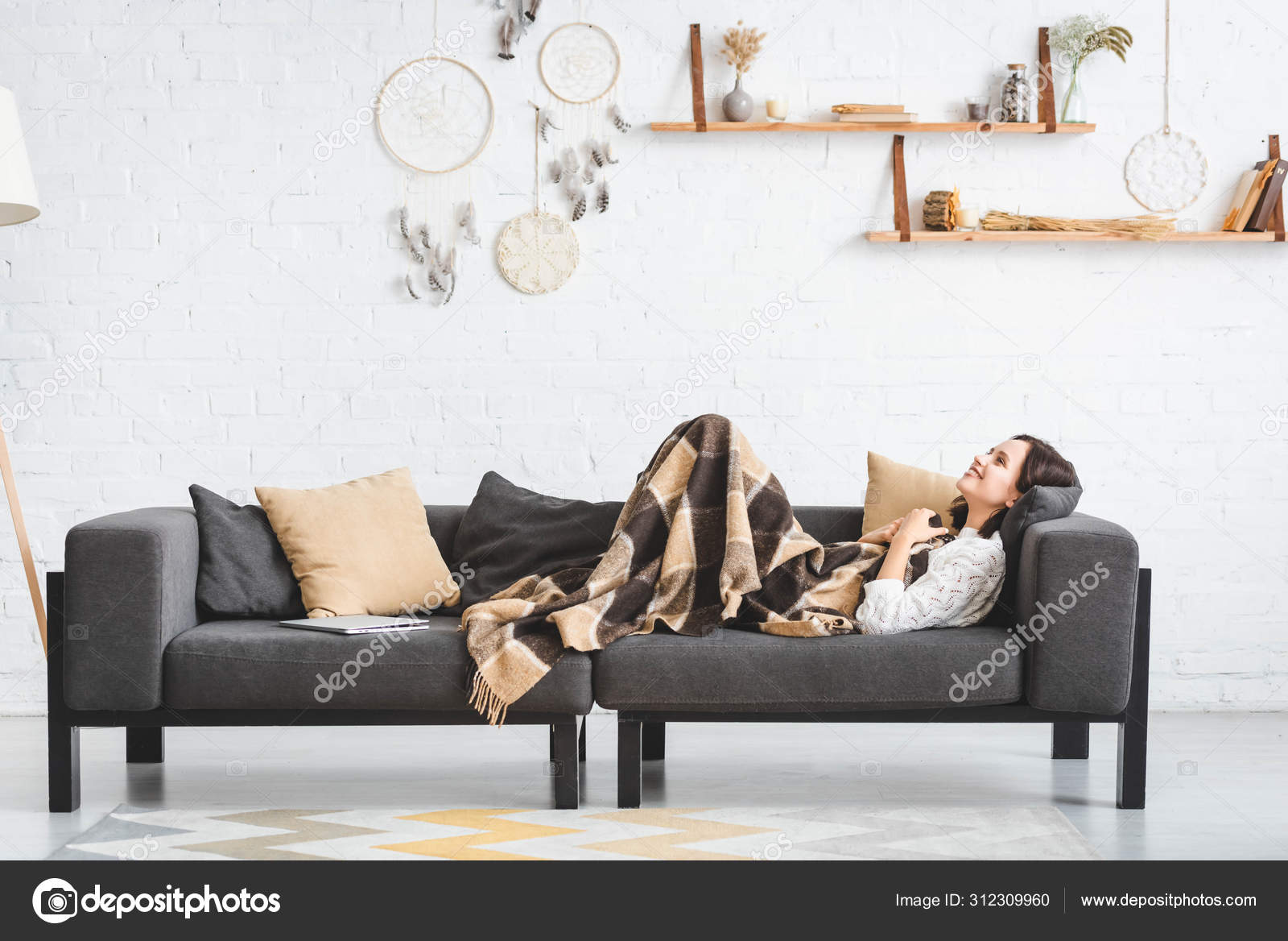 Happy Beautiful Girl Blanket Lying Sofa Laptop Cozy Living Room Stock