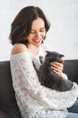 Mutlu güzel bir kadın, gri kedisiyle kanepede oturuyor.  
