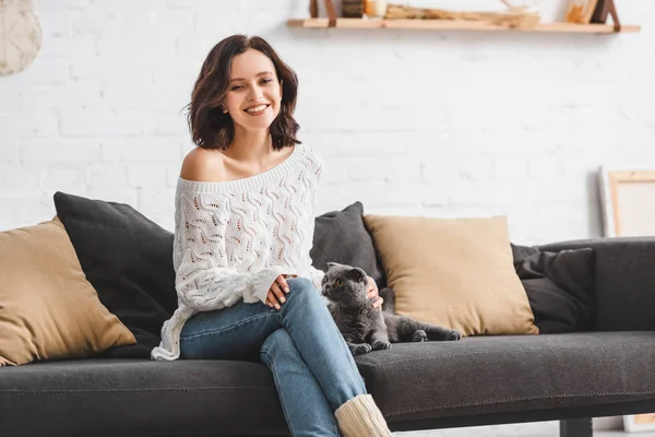 Hermosa Chica Sonriente Sentado Sofá Con Escocés Plegable Gato — Foto de Stock