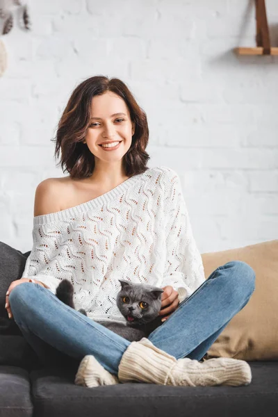 Sonriente Hermosa Mujer Sentado Sofá Con Escocés Plegable Gato —  Fotos de Stock