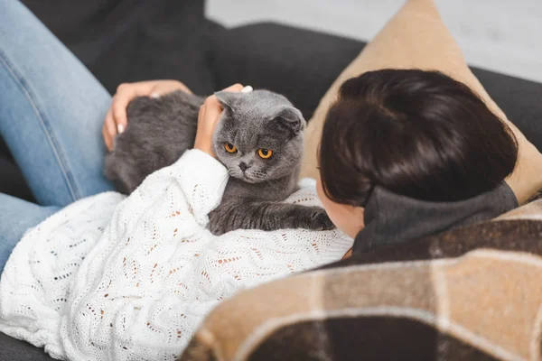 Brunette Tyttö Makaa Sohvalla Scottish Kertainen Kissa — kuvapankkivalokuva