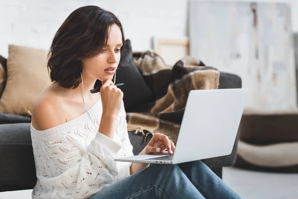 Attractive Girl Studying Online Earphones Laptop — Stock Photo, Image