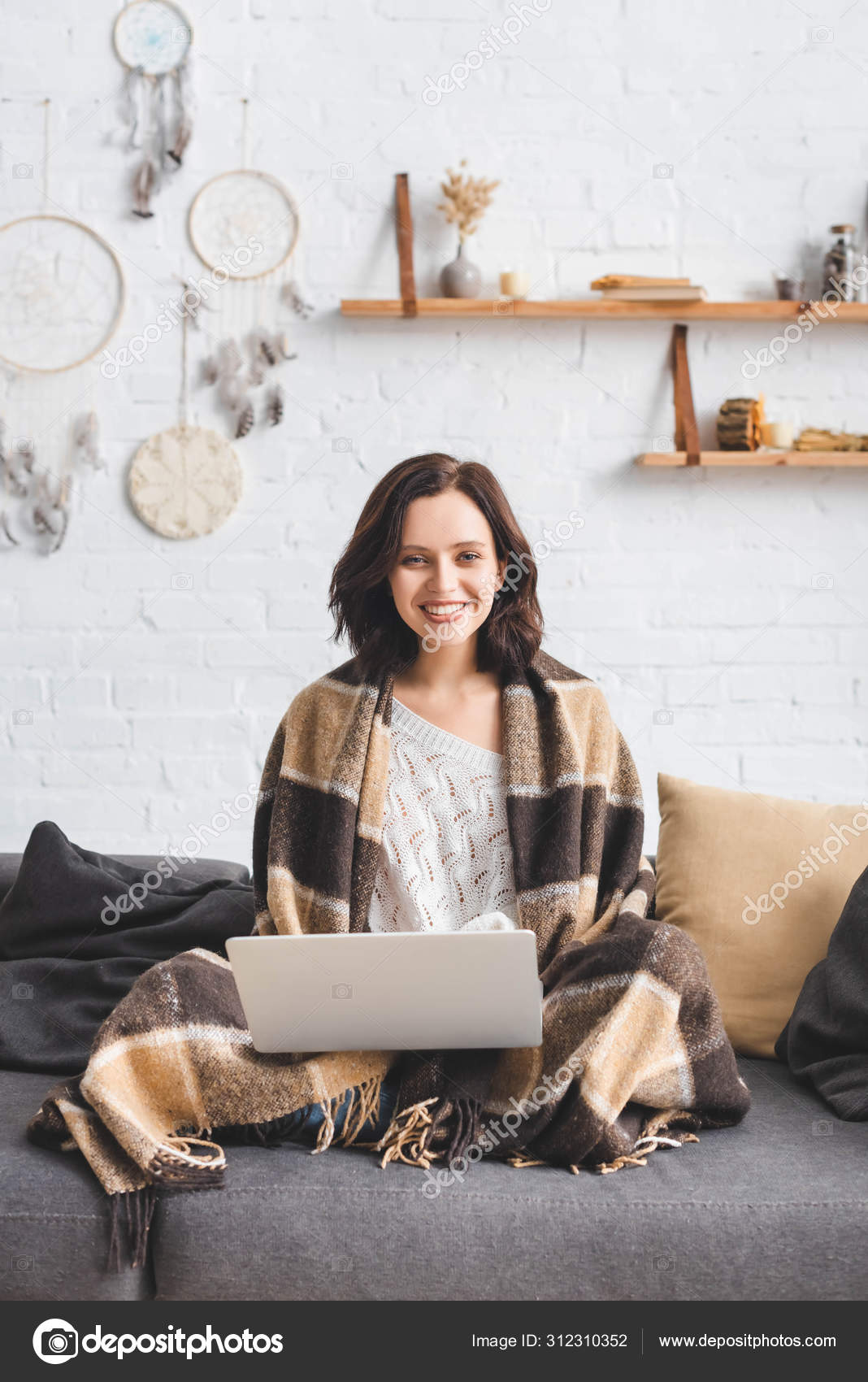 Happy Beautiful Girl Blanket Using Laptop Sofa Living Room Dream Stock