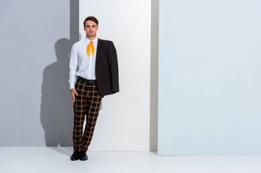 handsome man in plaid trousers posing on white and grey 