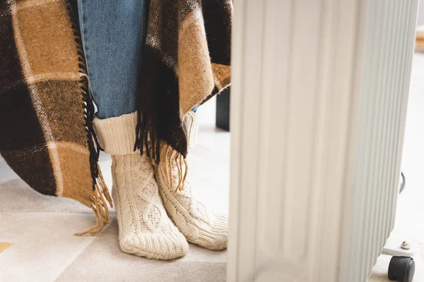 Girl Knitted Socks Warming Blanket Heater — Stock Photo, Image