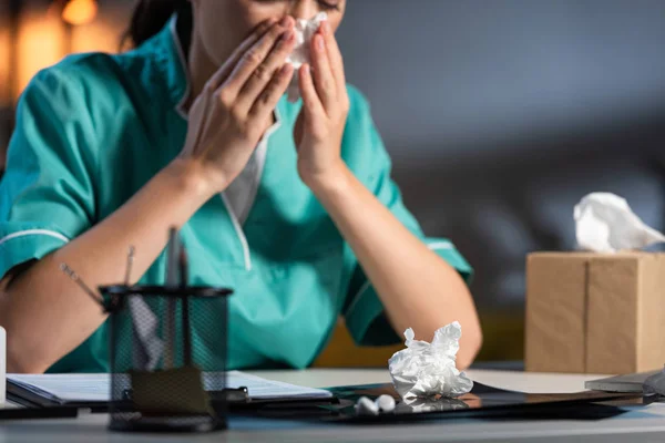 Cropped View Nurse Uniform Sneezing Holding Napkin Night Shift — Stock Photo, Image