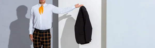 Panoramic Shot Man Holding Jacket White Grey — Stock Photo, Image