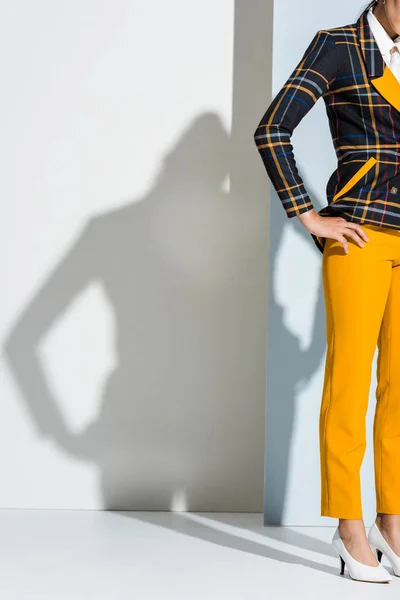 Cropped View Woman Standing Hand Hip Grey White — Stock Photo, Image