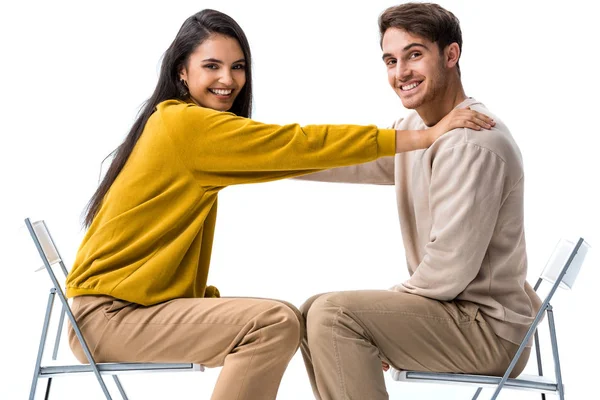 Menina Feliz Sentada Cadeira Tocando Homem Branco — Fotografia de Stock