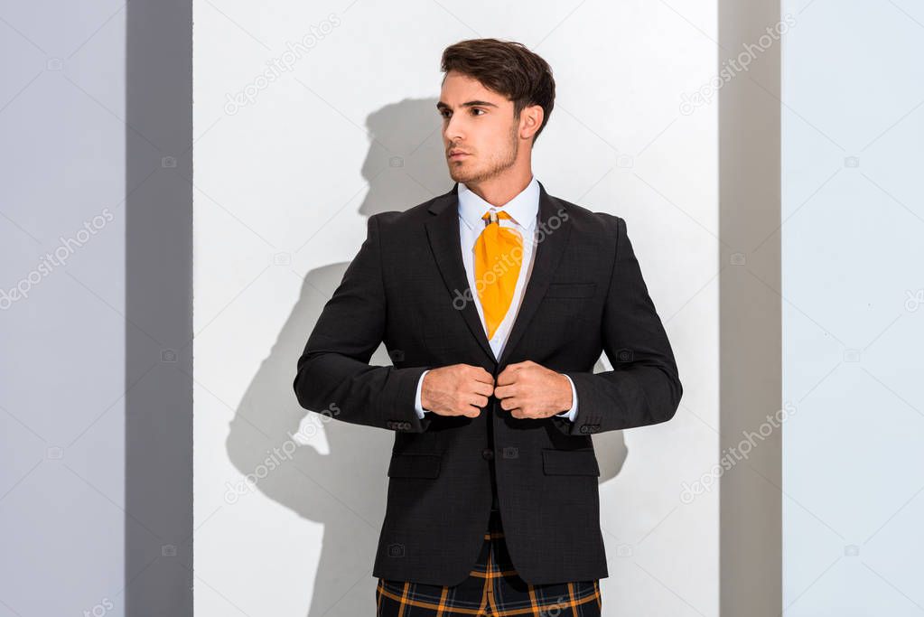 stylish and handsome man touching formal wear on white and grey 