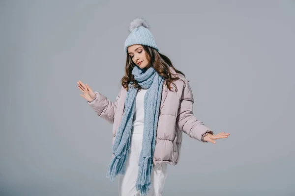 Beautiful Girl Dancing Warm Coat Knitted Hat Scarf Isolated Grey — Stock Photo, Image