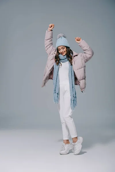 Beautiful Girl Dancing Warm Coat Knitted Hat Scarf Grey — Stock Photo, Image