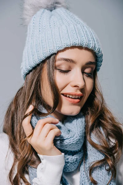Beautiful Happy Woman Posing Blue Knitted Hat Scarf Isolated Grey — Stock Photo, Image