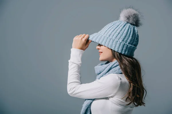 Stylish Girl Posing Knitted Hat Scarf Isolated Grey — ストック写真