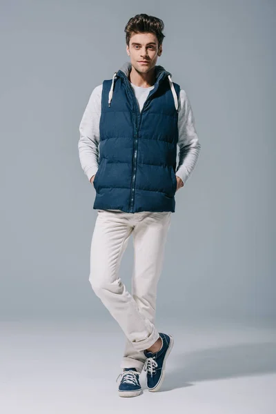 Handsome Fashionable Man Posing Waistcoat Grey — Stock Photo, Image