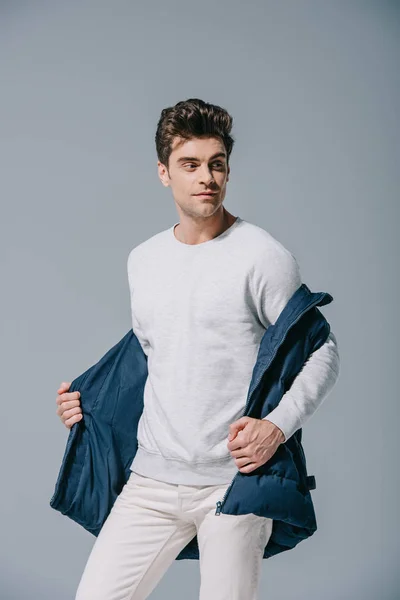Handsome Man Posing Trendy Waistcoat Isolated Grey — Stock Photo, Image