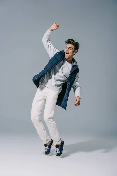 Handsome Excited Man Jumping Autumn Waistcoat Grey — Stock Photo, Image