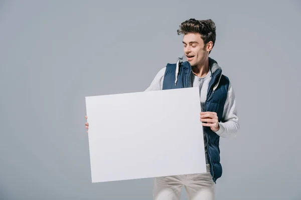 Excited Man Waistcoat Posing Empty Board Isolated Grey — Stock Photo, Image