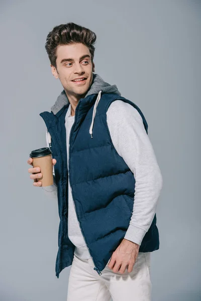 Styling Smiling Man Warm Waistcoat Holding Coffee Isolated Grey — Stock Photo, Image