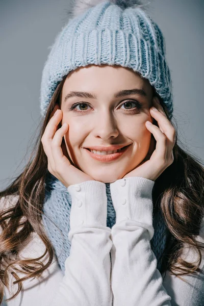 Smiling Woman Posing Knitted Hat Scarf Isolated Grey — Stock Photo, Image