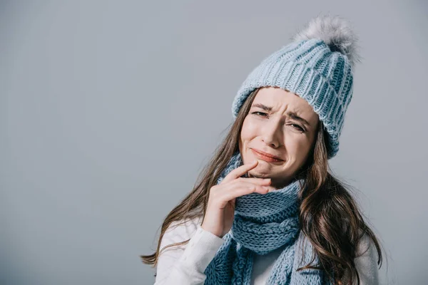 Upset Woman Posing Knitted Hat Scarf Isolated Grey — Stock Photo, Image