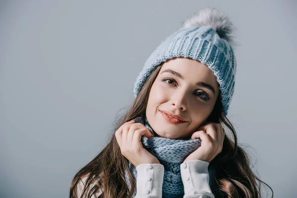 Beautiful Smiling Woman Posing Knitted Hat Scarf Isolated Grey — Stock Photo, Image