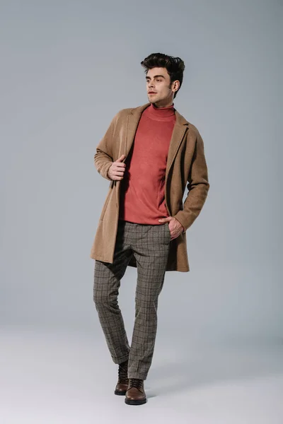 Fashionable Young Man Posing Beige Coat Grey — Stock Photo, Image