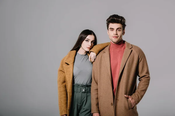 Beautiful Stylish Couple Posing Beige Coats Isolated Grey — Stock Photo, Image