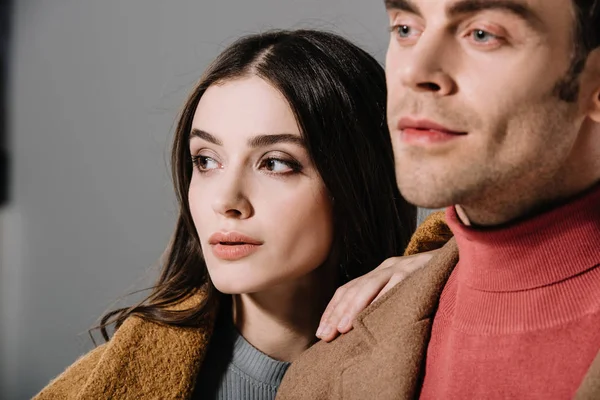 Portrait Stylish Couple Posing Beige Coats Isolated Grey — ストック写真