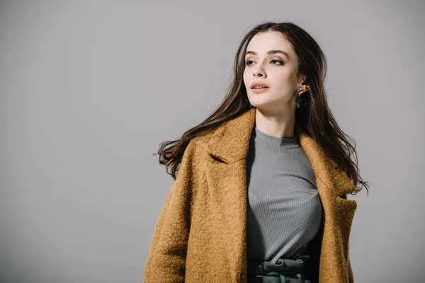 Elegant Woman Posing Beige Coat Isolated Grey — Stock Photo, Image