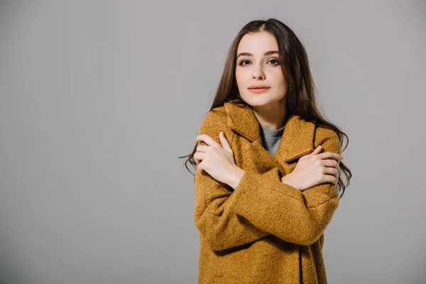 Elegant Cold Girl Posing Warm Beige Coat Isolated Grey — Stock Photo, Image