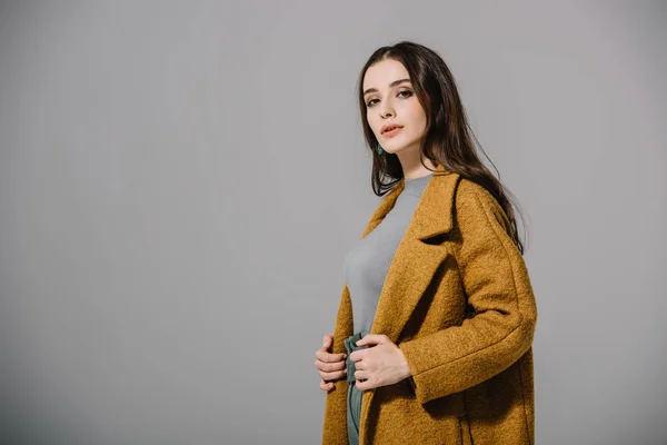 Elegant Girl Posing Fashionable Beige Coat Isolated Grey — Stock Photo, Image