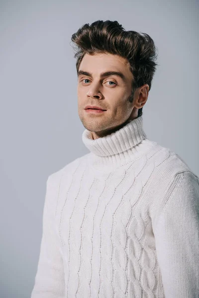 Handsome Man Posing White Knitted Sweater Isolated Grey — Stock Photo, Image