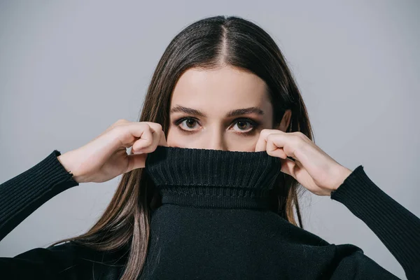 Attractive Fashionable Girl Posing Black Sweater Isolated Grey — ストック写真