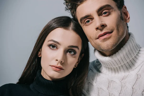 Portrait Couple Posing White Black Sweaters Isolated Grey — Stock Photo, Image