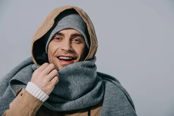 Cheerful Young Man Posing Hat Scarf Coat Isolated Grey — Stock Photo, Image