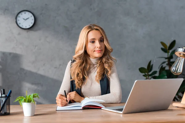 Attractive Blonde Businesswoman Sitting Table Looking Laptop — Stock Photo, Image