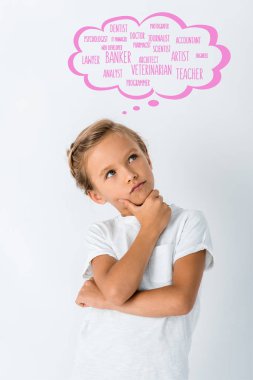 pensive kid touching face near thought bubble with greeting letters on white  clipart