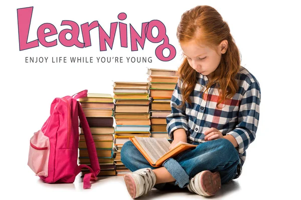 Positive Redhead Schoolkid Sitting Books Learning Enjoy Life While You — Stock Photo, Image