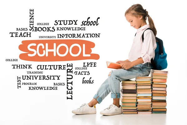 Cheerful Schoolkid Sitting Books Reading Lettering White — Stock Photo, Image