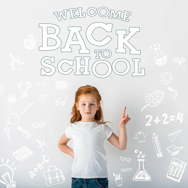 Cute Redhead Kid Looking Camera Pointing Finger Welcome Back School — Stock Photo, Image